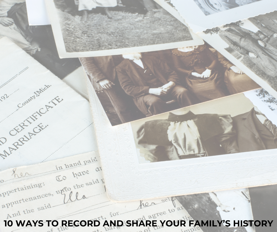 Black and white photographs and old letters spread across a desk